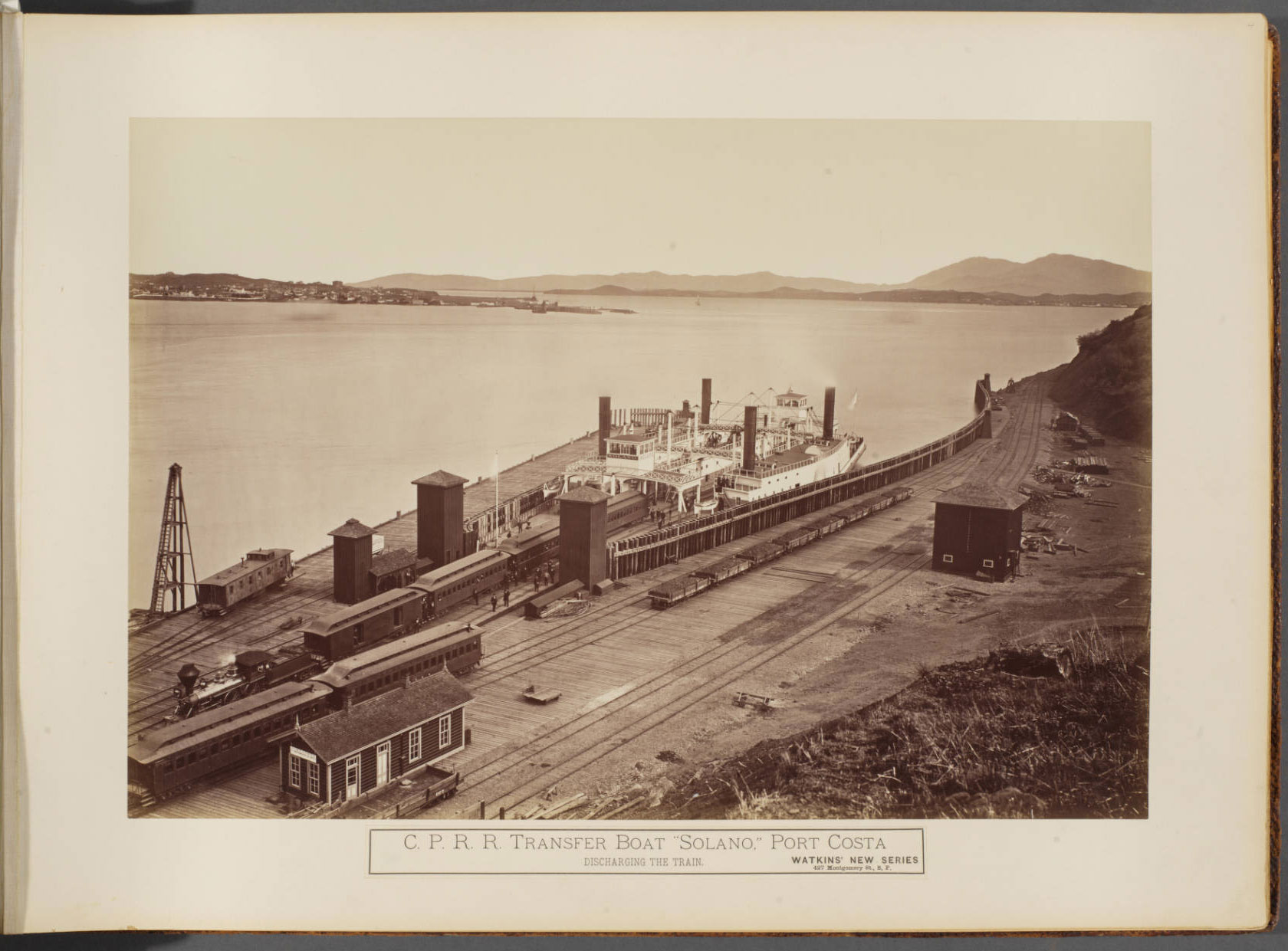 Watkins #683 - Central Pacific Railroad Discharging the Train, Transfer Boat Solano, Port Costa, Solano County