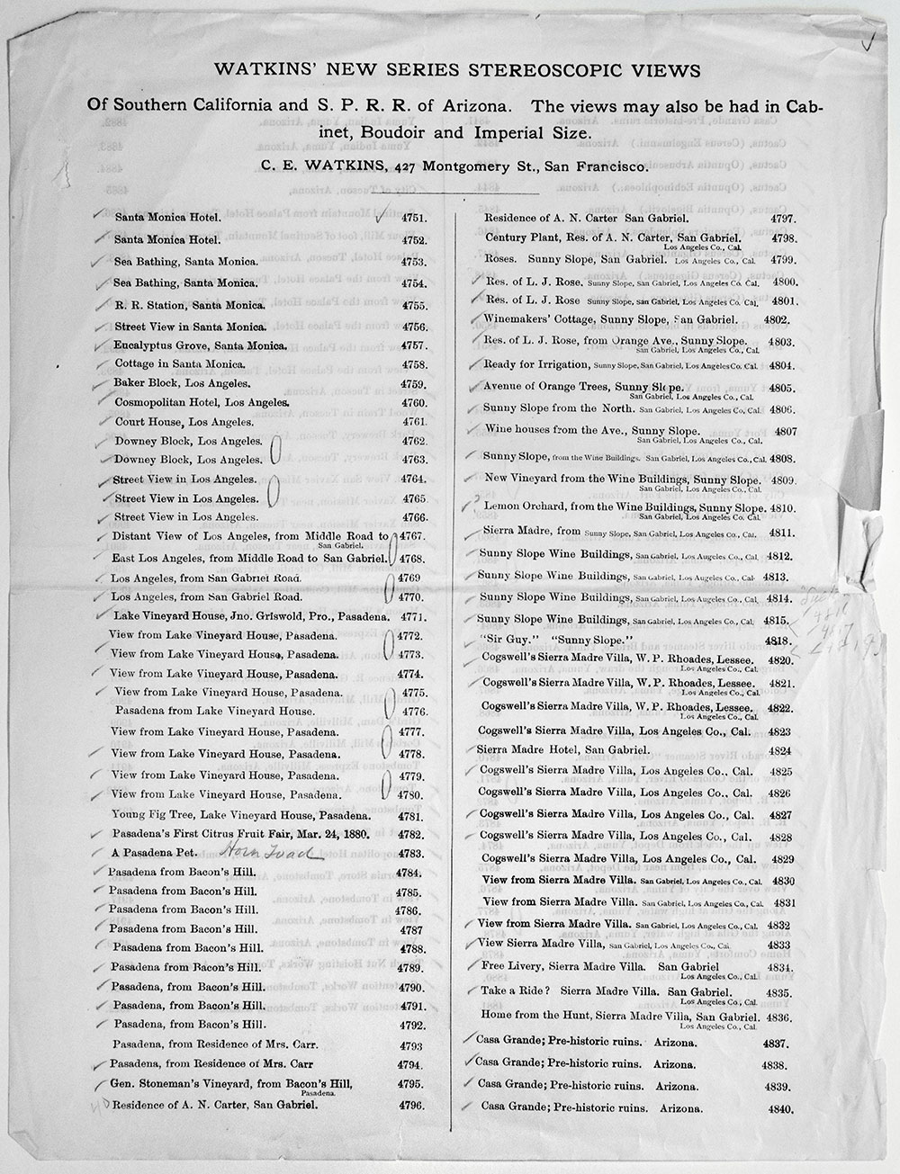 (Unnumbered) - Watkins New Series Stereoscopic Views of Southern California and S.P.R.R. of Arizona [page 1]