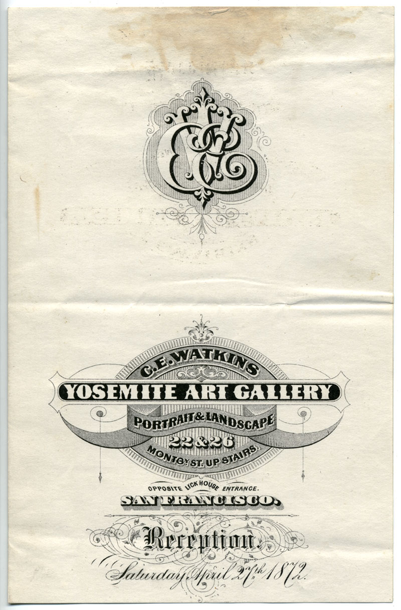 Watkins Unnumbered View - Invitation to reception at Watkins Yosemite Art Gallery, Saturday April 27th 1872.