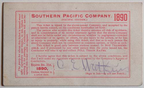 Unnumbered View - Southern Pacific Company (Pacific System), Railroad Pass - 1890 (verso)