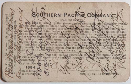 Unnumbered View - Southern Pacific Company, Pacific System, Railroad Pass - 1894 (verso)