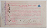 Unnumbered - Southern Pacific Company (Pacific System), Railroad Pass - 1889 (verso)