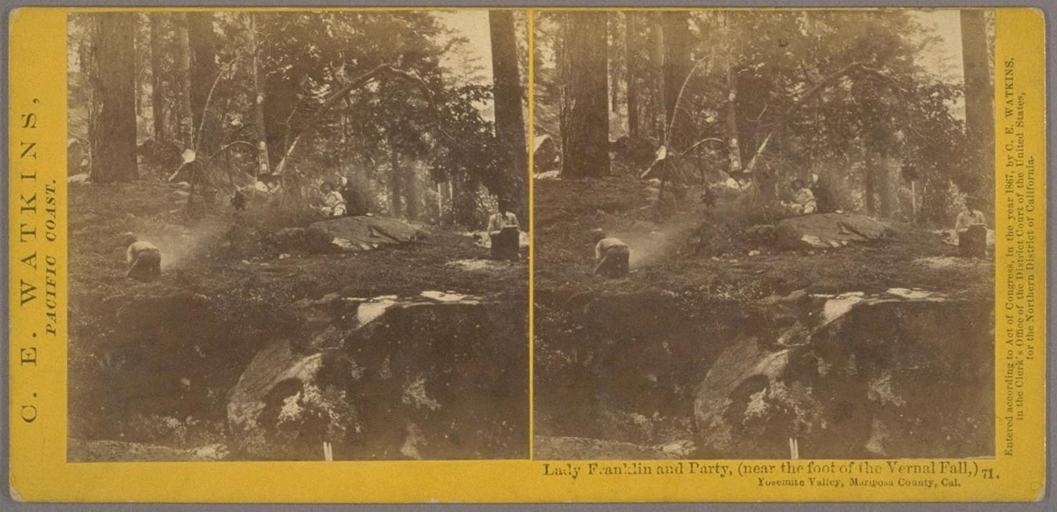 Watkins #71 - Lady Franklin and Party (near the foot of the Vernal Fall,) Yosemite Valley, Mariposa County, Cal.