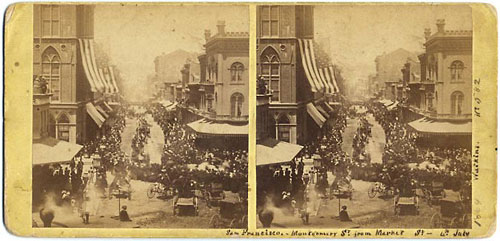 #582 - Montgomery Street, from Market, July 4th, 1864, S.F.