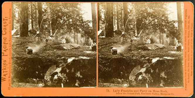 Watkins #71 - Lady Franklin and Party on Moss Rock below the Vernal Fall, Yosemite Valley, Mariposa Co.