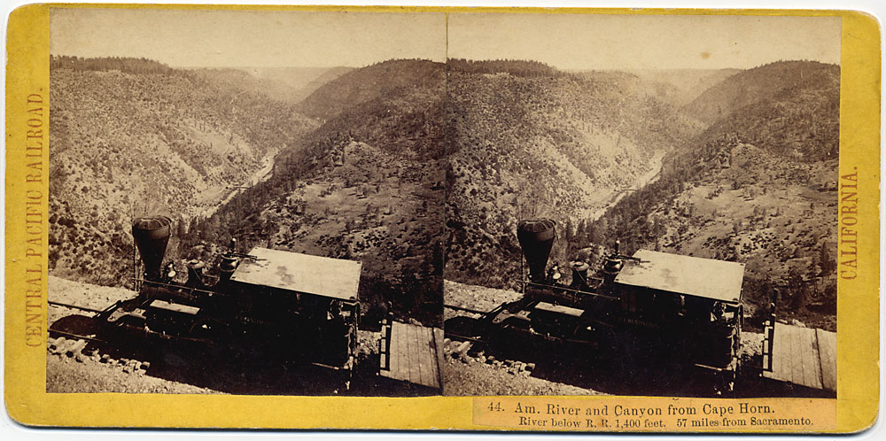 Watkins #44 - American River and Canyon from Cape Horn. River below Railroad 1,400 feet. 57 miles from Sacramento