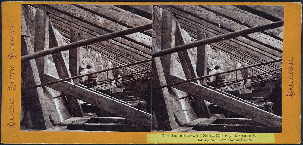 Watkins #254 - Inside view of Snow Gallery at Summit. Bolting the Frame to the Rocks